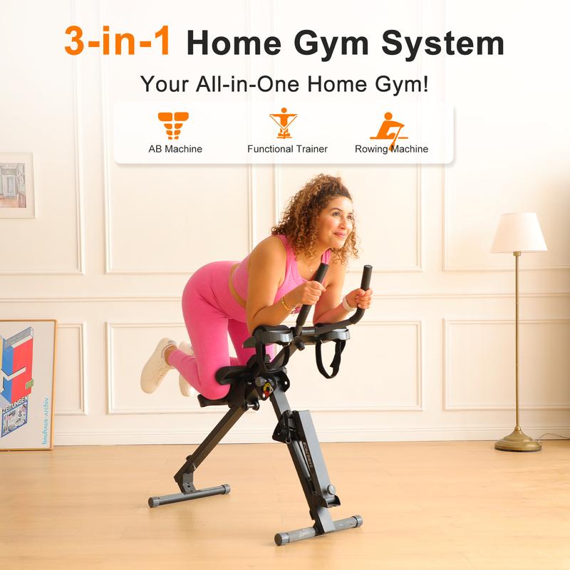 【February Deal】Tousains 3-in-1 Abmachine & Rowing Machine with Adjustable Height, Resistance Levels & LCD Display - Foldable, Stable Steel Frame, Core-Focused Moves & Functional Resistance Exercises