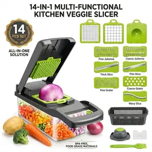 Pro Vegetable Chopper Mandoline Slicer Dicer, 14-in-1 Veggie Cutter Grater for Onion Potato Salad, with Container Hand Guard, 8 Interchangeable Blades Manual Food Dicer BPA Free Kitchen Gadget