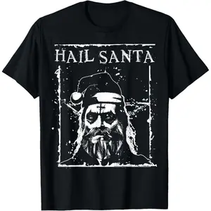 Hail Santa Heavy Metal Headbanger Ugly Christmas T-Shirt, 100% Cotton, Single Side Printed, Black Short Sleeve T-shirt, 1 pc, Christmas Halloween Thanksgiving Gift