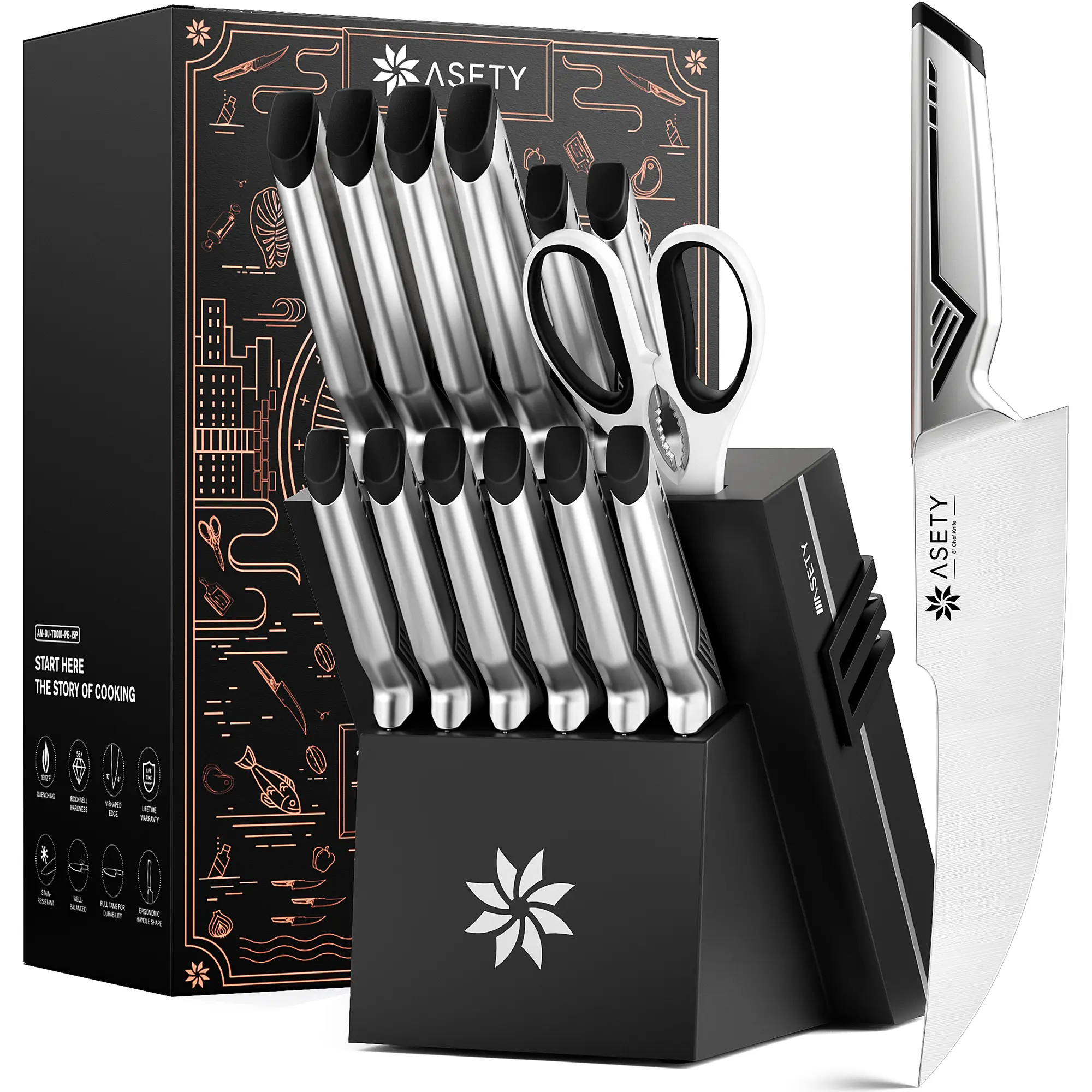 ASETY 15-Piece Modern Kitchen Knife Set | Thick Wood Storage Block with Sharpener | NSF Certified Food-Grade Steel, Dishwasher Safe, 15° Razor Sharp Blades | Ergonomic Chef & Slicer Cutlery, Perfect Gift for Thanksgiving, Christmas and Weddings
