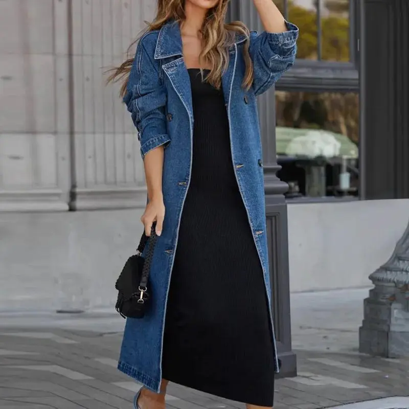 Women's Vintage Double-Breasted Denim Longsleeve Jacket, Loose-Fit Lapel Trench Coat with Belt, Casual Outerwear Clothes Tops, Street Chic, Belted, All Seasons, Hand Wash Only