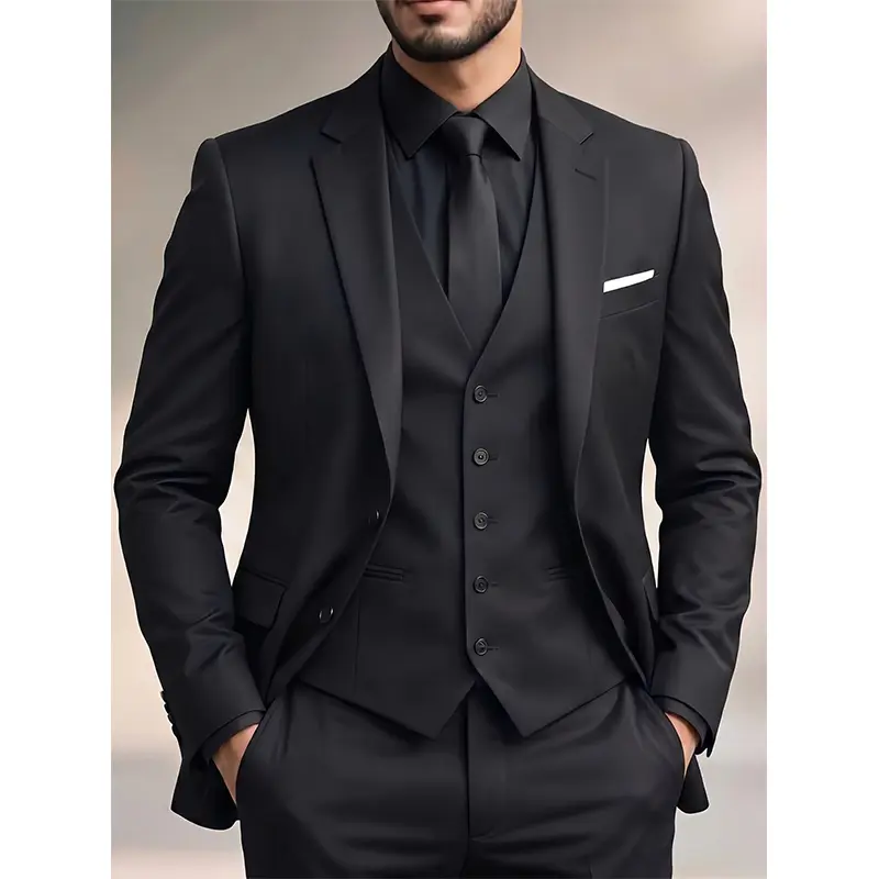 Men’s solid-color three-piece suit set for business commuting—structured and stylish, formal suit set for workplace meetings.