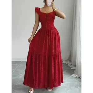 Vintage Multicolor Polka Dot Square Neck Ruffle Dress Backless Bow Waist Cinch A-Line Resort Style Women's Summer Elegant Gown