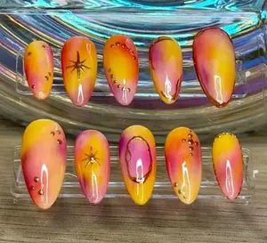 Colorful Press On Nails With Chrome Gold Charm Luxury Nails Set