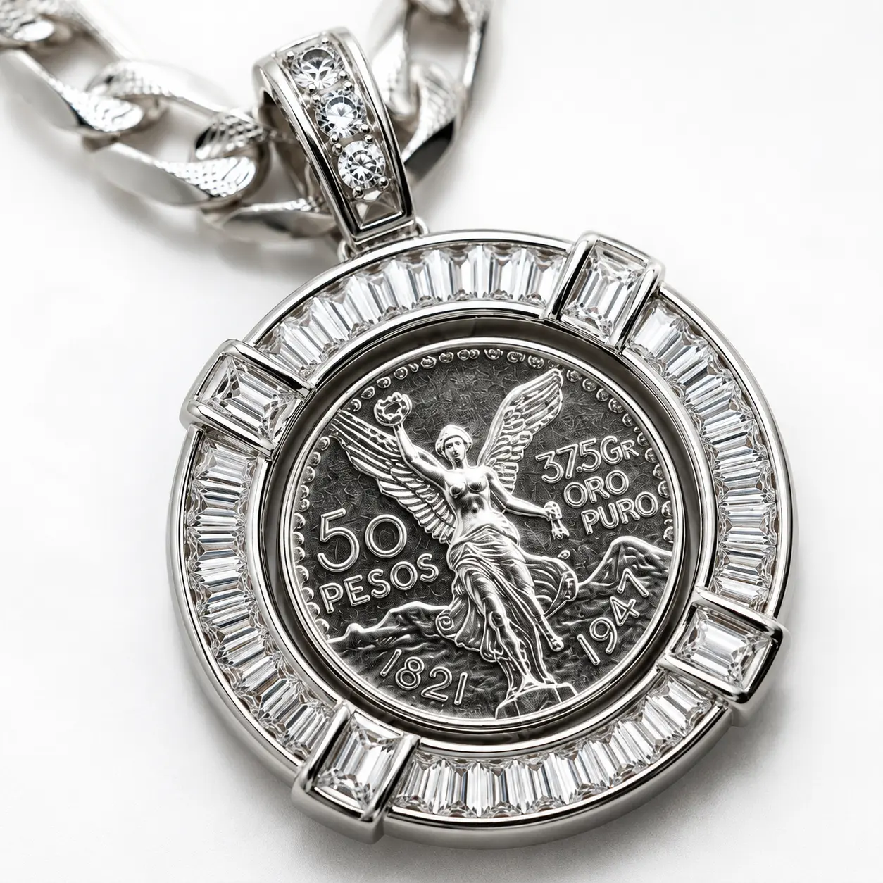 50 Pesos Mexican Centenario Pendant & 8MM 24” Miami Cuban Necklace Set, Silver-Plated Jewelry for Women