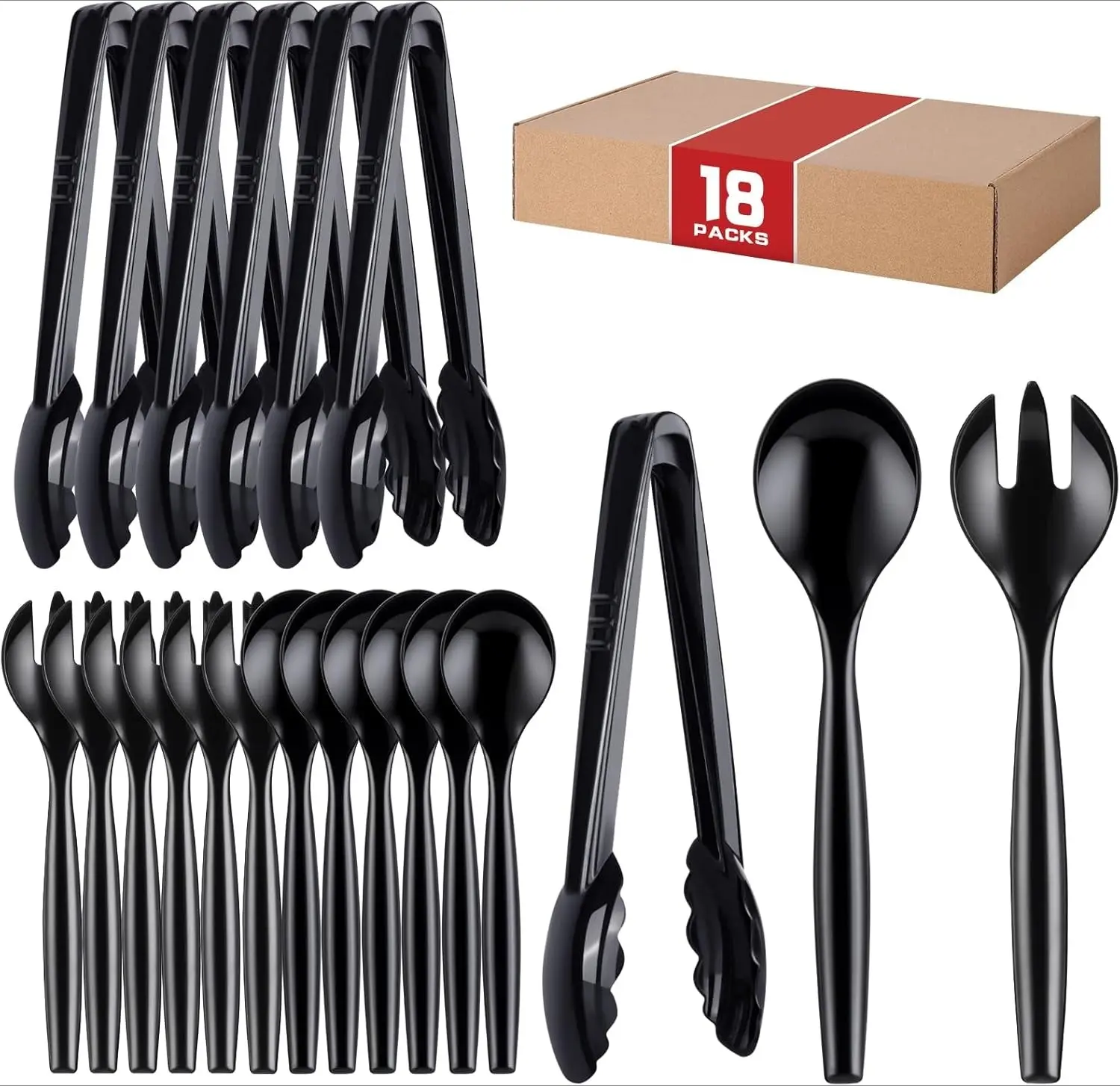 18Pcs Serving Utensils, 10'' Plastic Serving Utensils Set, Disposable Serving Spoons for Buffet, Large Serving Tongs for Food, Heavy Duty Party Supplies for Salad Soup Cooking Catering(Black)