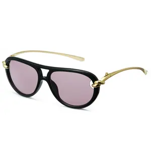 Cyxus Luxury Bold Retro Aviator Sunglasses Knotted Gold Metal Temples Double-Beam Design Driving Beach Glasses Tangle-Free Nose Pads UV400 -1356