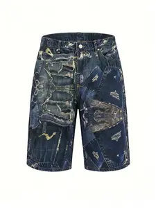 3D Illusion Patchwork Ripped Denim Shorts, Distressed Shorts, All-Over DTG Digital Print, Elastic Non-Fading print, Vintage Loose Fit, Streetwear, Summer Festival Wear