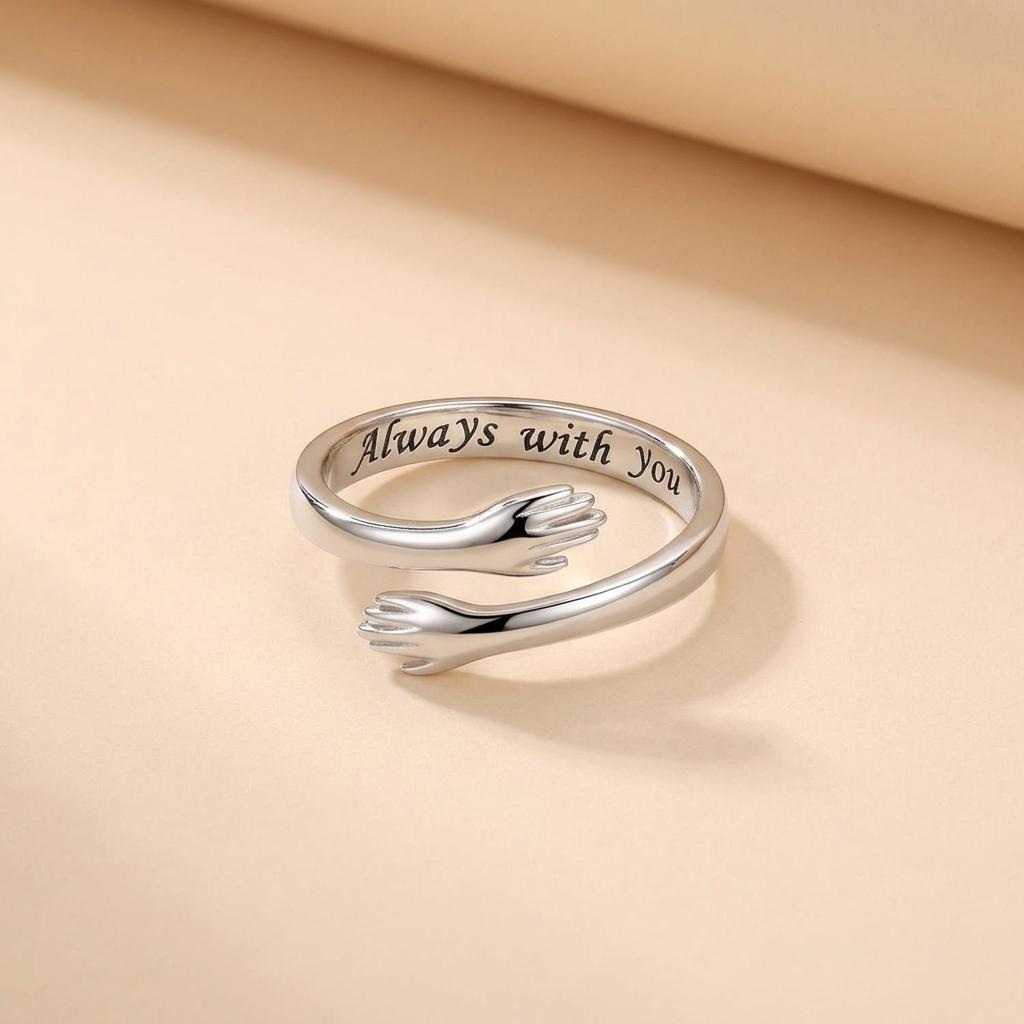 Hug Hands Adjustable Ring S925 Sterling Silver Open Ring “Always With You” Engraved Couple Gift for Women