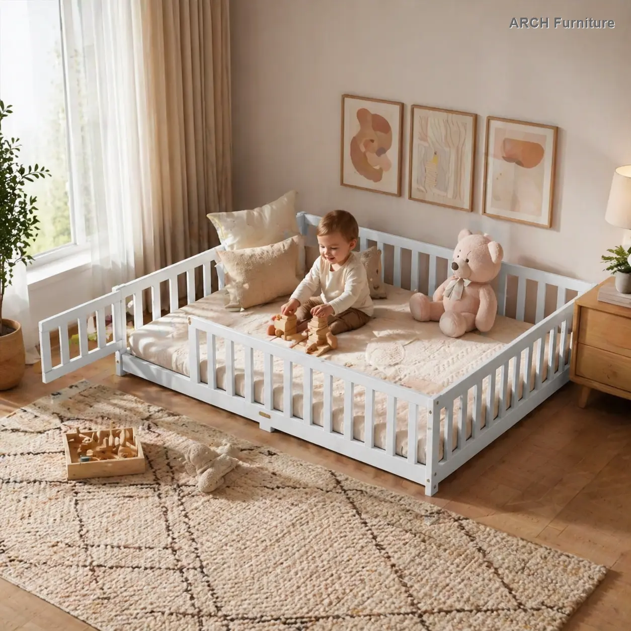 Full Size Rubber Wood Preschool Bed for Newborns - White Compact Design with 77"x 56.5"x 17.5" Safety Fence, Guardrails, Revolving Door