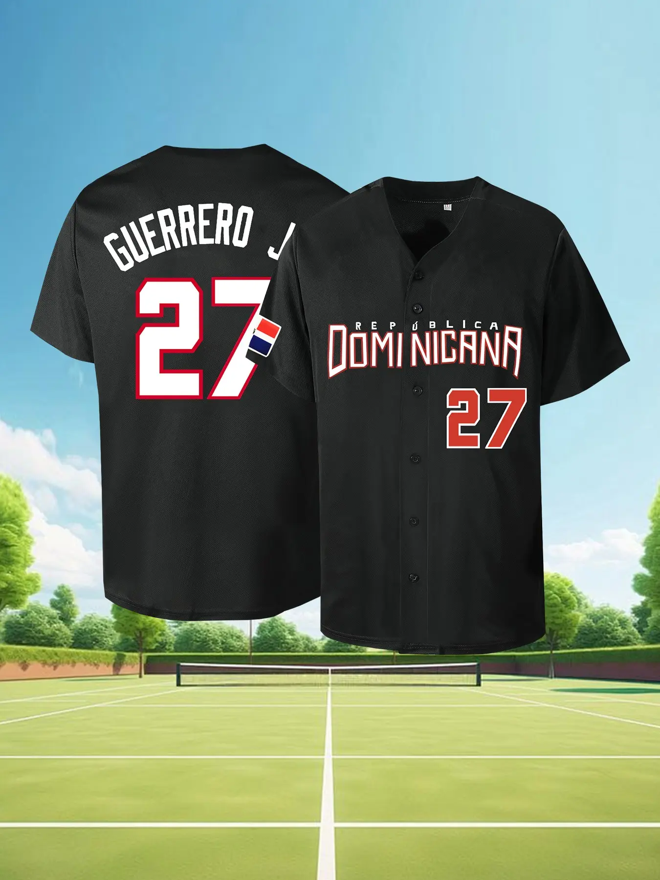 Men's Dominicana #27 Stitched Baseball Jersey, Loose Fit Breathable Embroidered Sports Sweatshirt, All-Season Sports Top for Casual Wear, Outdoor Activities, and Parties, Baseball Shirt, Baseball Team Jerseys, Party Attire, Durable Fabric, Stylish Jersey