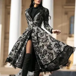 Women’s Retro Long Trench Coat with Lace Patchwork – Oversized Winter 2025 Fitted Floral Outerwear, Chic Elegant Blazer