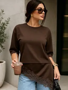 Asymmetric Lace Hem T-Shirts Women's T-Shirt Spring Summer 2026 Y2K Beige Black Tee Casual Basic Oversized Patchwork O-Neck Short Sleeve Tops Fashion Romantic Korean Style T-Shirts