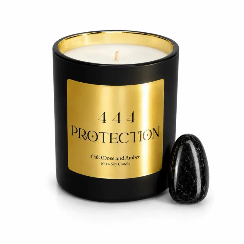 444 PROTECTION Soy Candle | Black Tournaline Crystal | 10oz Gold Foil Label | Angel Number Decor | Spiritual Gift | Meditation & Ritual