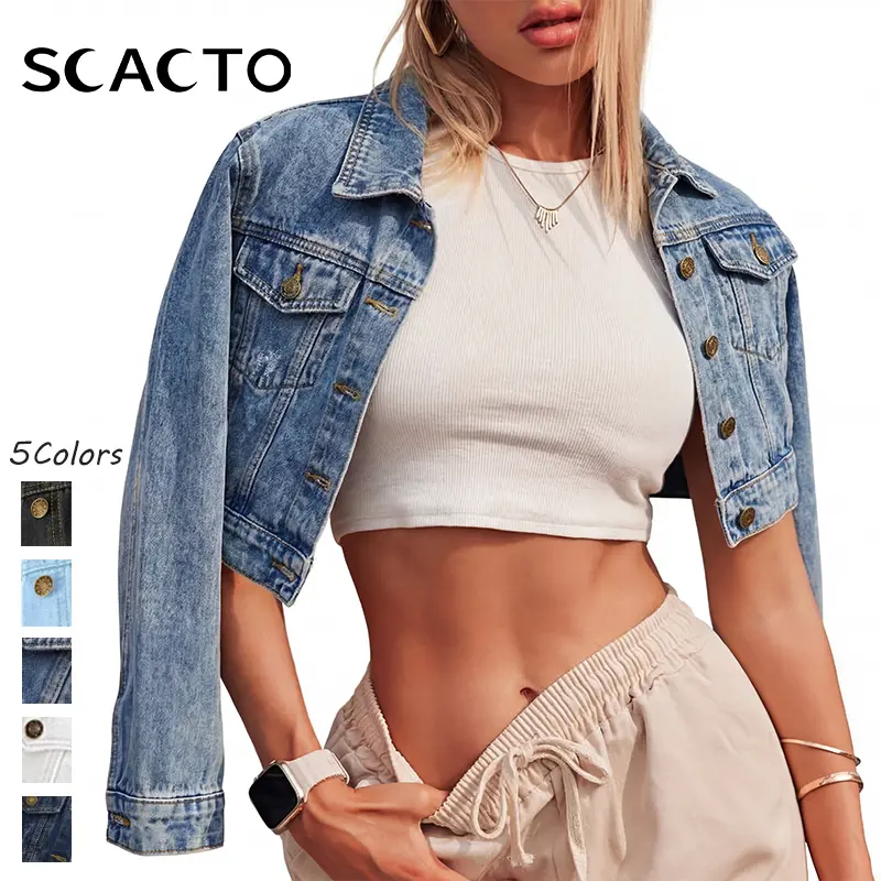 Scacto Summer Distressed Cropped Denim Jacket Women's Button Down Long Sleeve  Jacket with Pockets Fashionable Collared Neckline Spring Summer Casual Outerwear Womenswear Coats Asymmetrical Denim Jacket