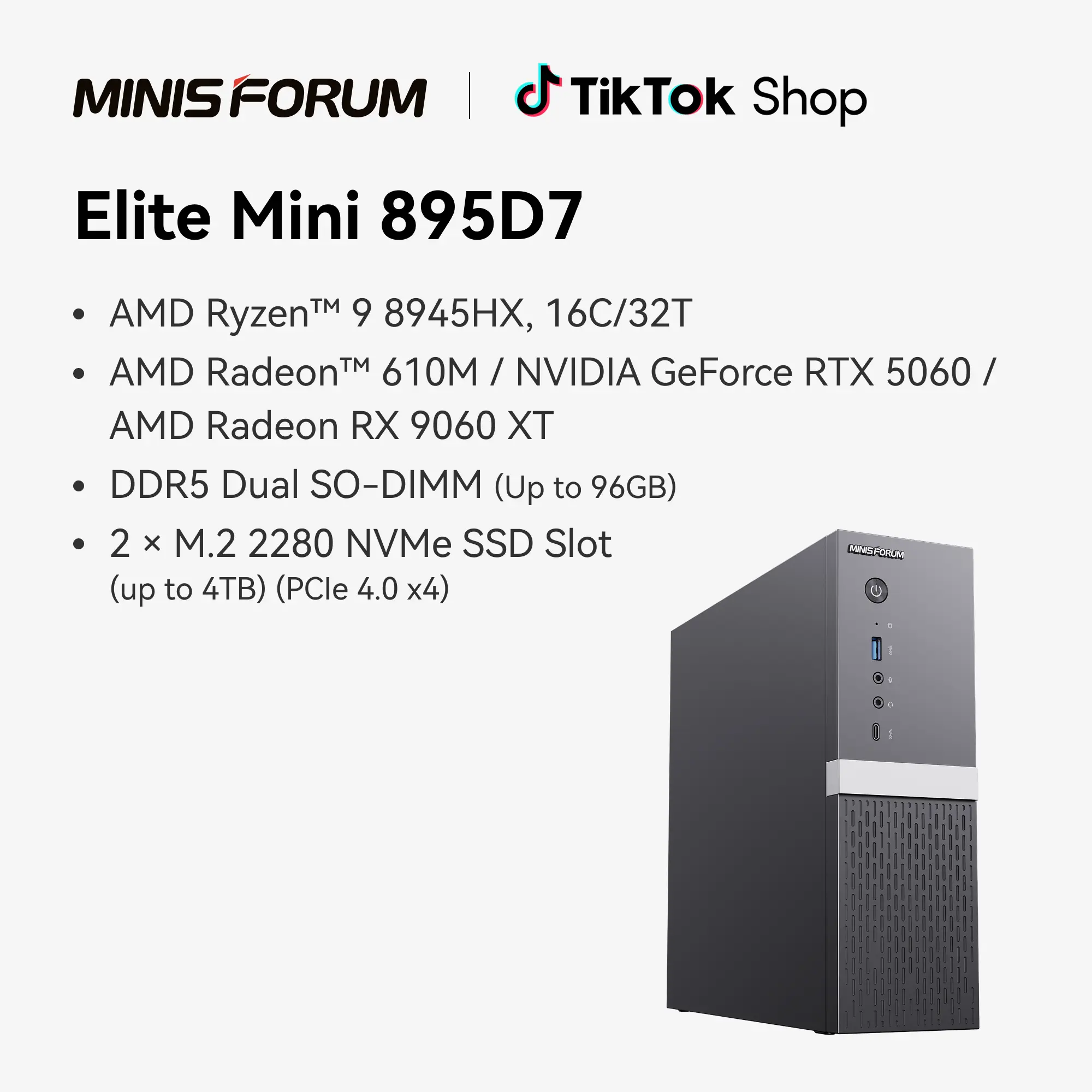 MINISFORUM 895D7 Gaming PC - AMD Ryzen 9 8945HS, 32GB RAM, 1TB SSD, RTX 5060 Graphics Mini Desktop Computer with HDMI2.1, DP1.4, DP2.1 Outputs, 2.5G LAN, WiFi7
