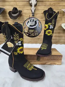 Girasol Womens Embroidered Sunflower Nobuck Leather Boot - Yellow/Black