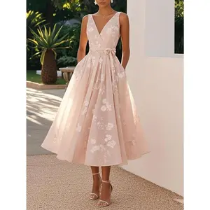 Women's Formal Evening Gown - Elegant Sleeveless V-Neck long Formal dress in Soft Pink, Flattering Fit for Weddings, Galas, Proms - All-Season Party Dress, Dress for Wedding Cotton Fabric