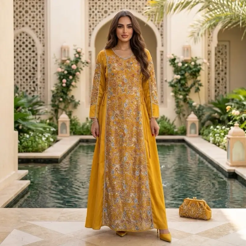 Women's Top-Quality Heavy Beads Work Casual Long Sleeve Dress, Available in 3 Colors, Long Sleeve Dresses
