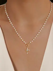 Women's Pearl Crown Cross Necklace, 4mm Pearls, Layered Style Jewelry, Easter Gift for Her, All Seasons, Dainty Pearl Necklace