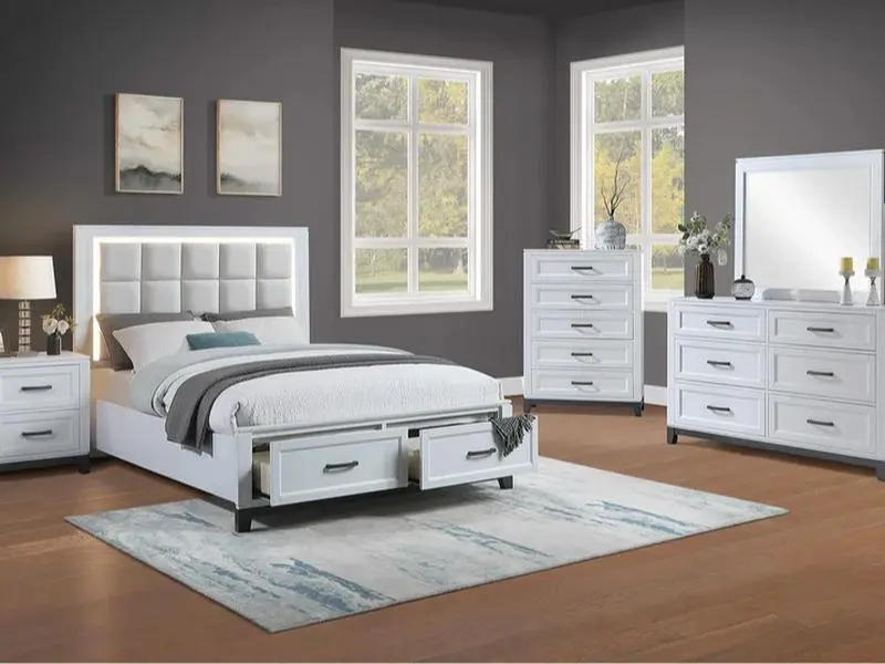 Poundex F9685Q-4PC 4-Piece Antique White & Grey Wood Queen Bed Set - Multi-Part Bedroom Set with LED Headboard, Footboard, Drawers for Decor, Multi-Part Bedroom Sets, 4-Piece Bedroom Sets