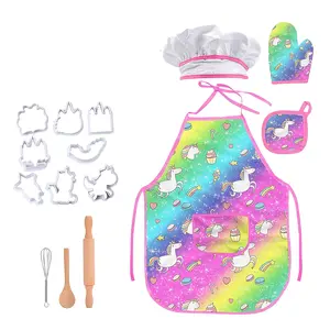 Unicorn Apron Set with Gloves Chef Hat and Baking Tools, Polyester Kitchen Apron, Perfect Holiday Gift, Colorful Chef Clothing Set
