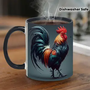 1pc 11oz White Ceramic Coffee Mug with Rooster Print Design - Dishwasher Safe Reusable Cup, Vibrant Red Comb & Black Rooster Design, Ideal Gift for Valentine'S Day, Easter, Birthdays, Anniversaries, St. Patrick'S Day, Ramadan - Perfect for Coffee