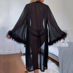 New silk-like feather long-sleeved bathrobe for women, comfortable lace-up sheer nightgown Nightwear Womenswear Loungewear