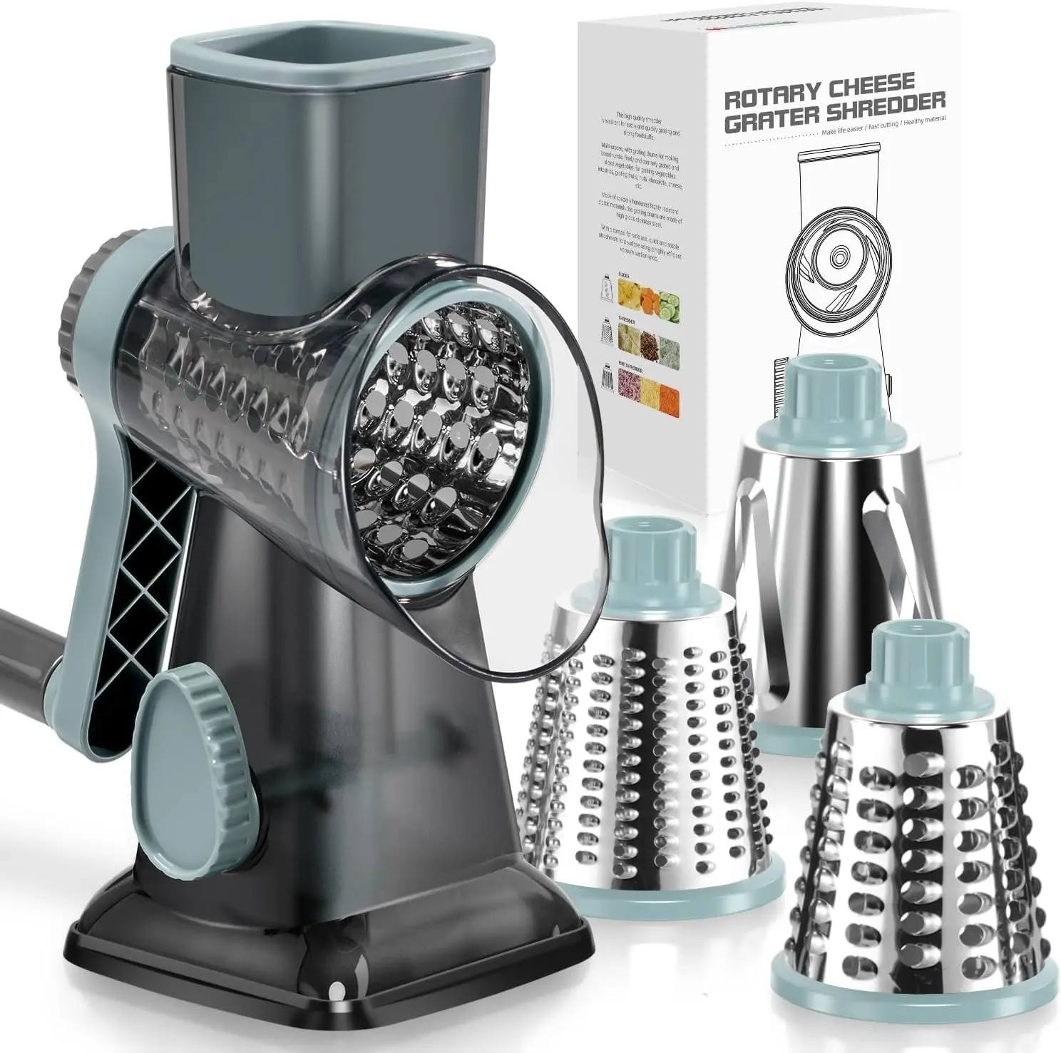 KEOUKE Rotating Plastic Cheese Grater - Hand Crank, Transparent Kitchen Utensil Equipment, 3 Stainless Steel Blades, Stable Suction Base, Smooth Labor-Saving Handle, Safe for Cheese, Vegetables, Nuts, Shredder, Bpa-Free, Convenient And Simple Cleaning