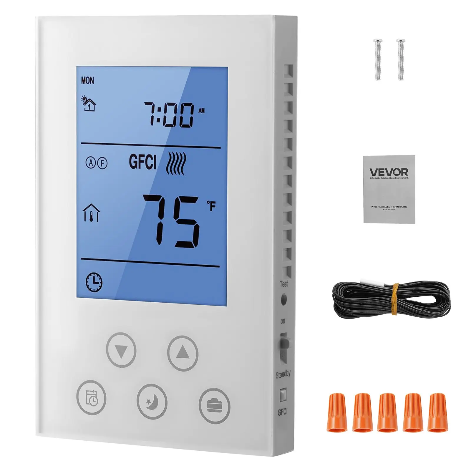 【Summerfinds】VEVOR GM4 7-Day Programmable Digital Display Thermostat - AC120/240V, Built-in GFCI Safety, Touch Buttons, Sensitive Sensor, Backlit LED, Energy-Efficient White Model for Radiant Underfloor Heating Cable, Heat Pump Tools & Hardware, Smart The