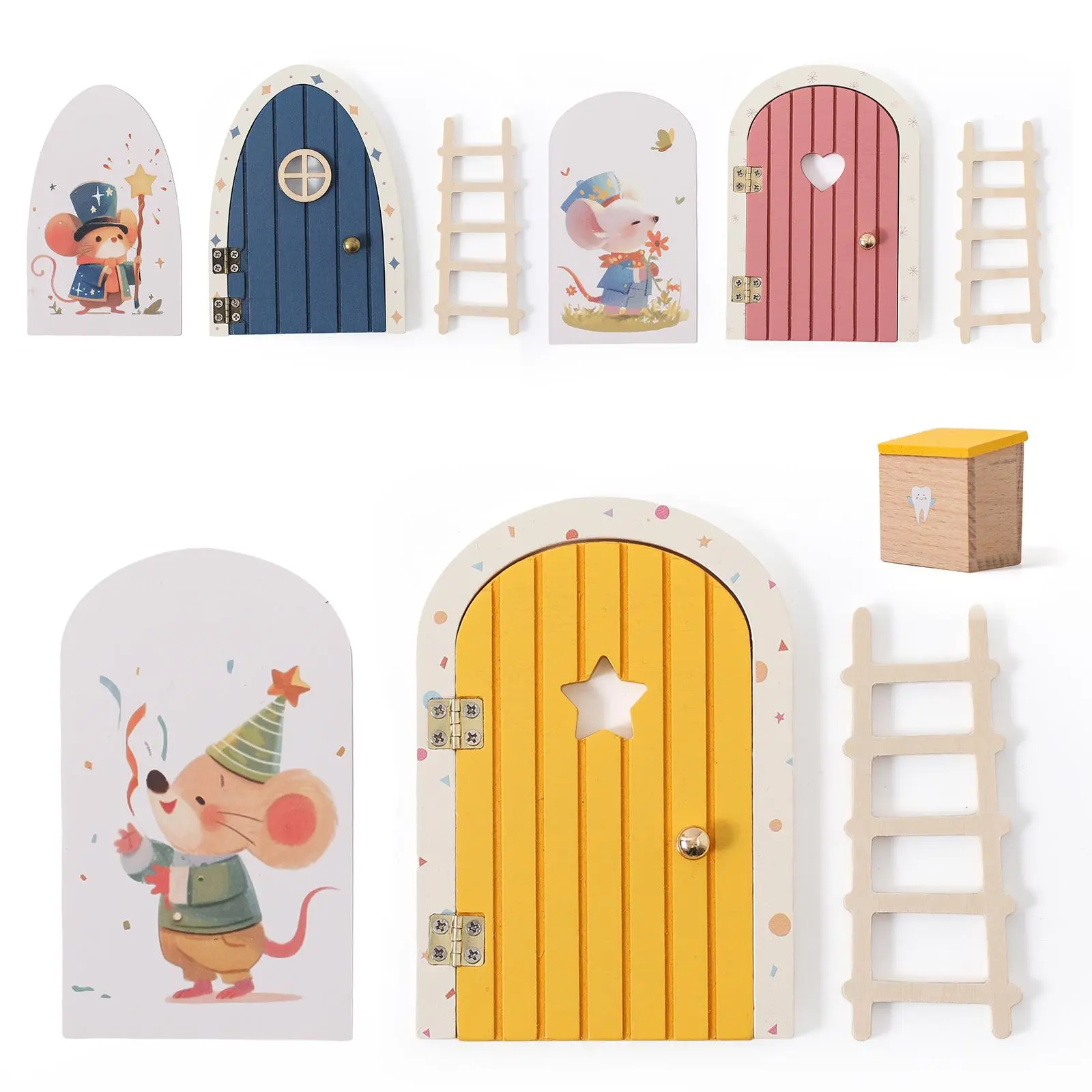Mini Cute Wooden Door Set with Ladder, Play House Set, Miniature Furniture, Miniature Houses, Unisex DIY Assembly Toy, Create Your Own Fairy Tale World, No Batteries Required, Pretend Playhouse, Doll Playsets