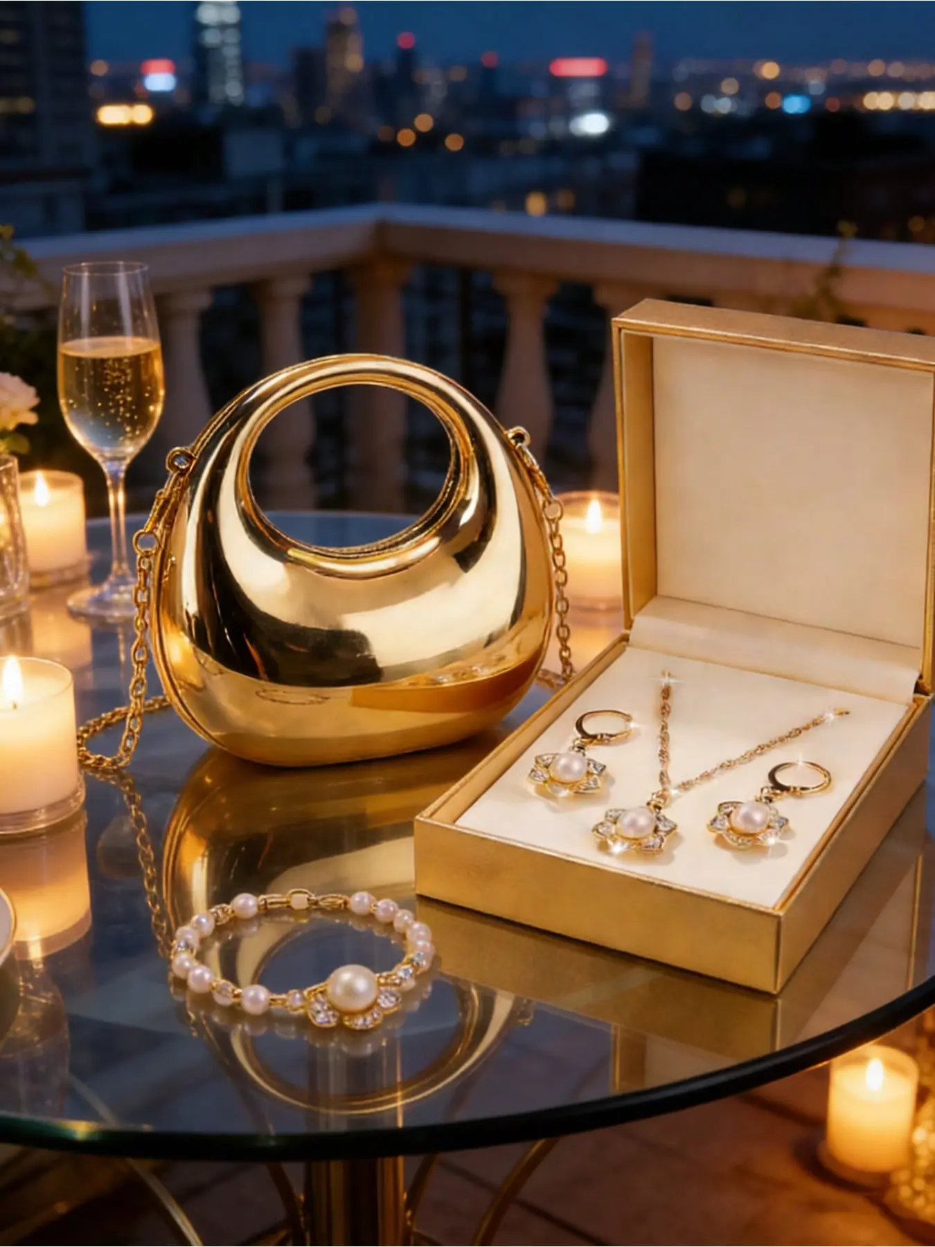 New gold sequin evening bag, sparkling mini handbag, with vintage high-end pearl luxurious temperament full-diamond necklace jewelry set, mini crescent-shaped acrylic bag, small chain crossbody bag, suitable for parties, banquets, and dates