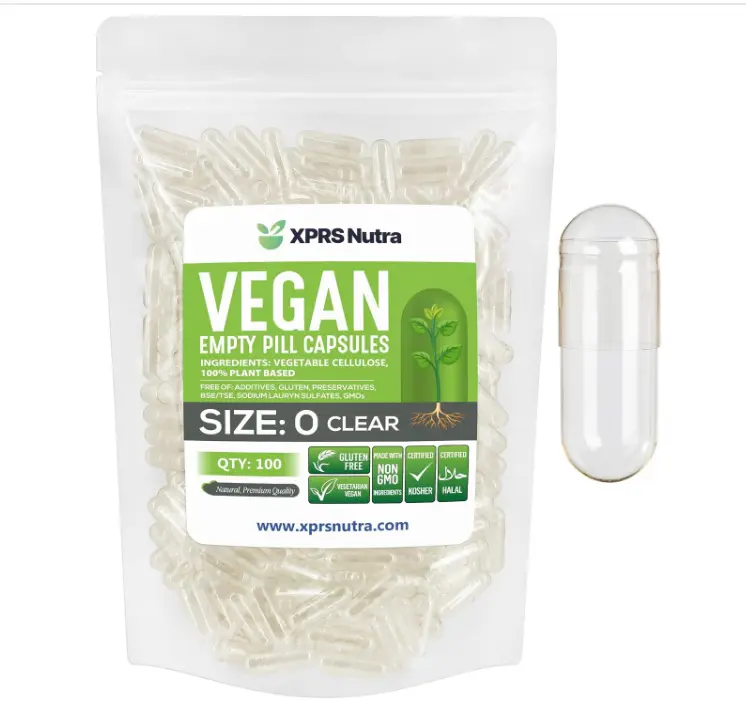 XPRS Nutra Size 0 Empty Capsules - 100 Clear Count Empty Vegan Capsules - Vegetarian Pill - DIY Vegetable Capsule Filling -Veggie Pills for Do-It-Yourself Supplements