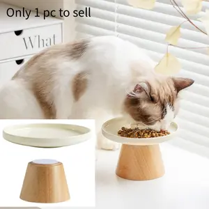 High-Quality Ceramic Cat Bowl with Oak Wood Base, Anti-Slip Pet Food Dish for Dogs & Cats, Durable Design for Dry Kibble & Canned Meals
