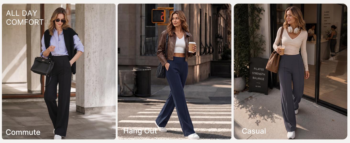 G4Free EverGoing Wide Leg Pants for Women High Waist Front Seam Yoga Dress Pants with Pockets Black Wideleg