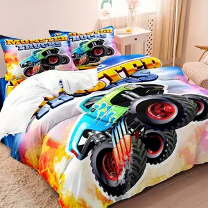 Monster Truck Print Bedding Set, Including 1 Duvet Cover & 2 Pillowcases, Bedding Supplies for Home Bedroom Hotel
