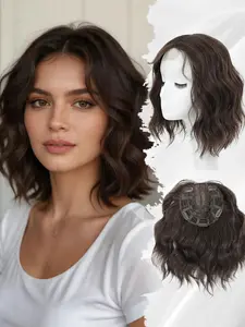 12 Inch Short Wavy Hair Topper with Curtain Bangs, Clip-In Synthetic Hairpiece for Women, Easy Attach, Instant Volume & Daily Wear