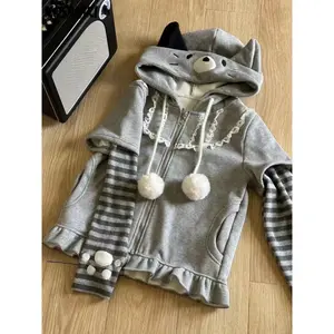 Harajuku Stripe Hoodies Women Kawaii Tops Cat Ear Hooded Jacker Grunge Streetwear Lace Patch Y2k Aesthetic Zipper Sweatshirt