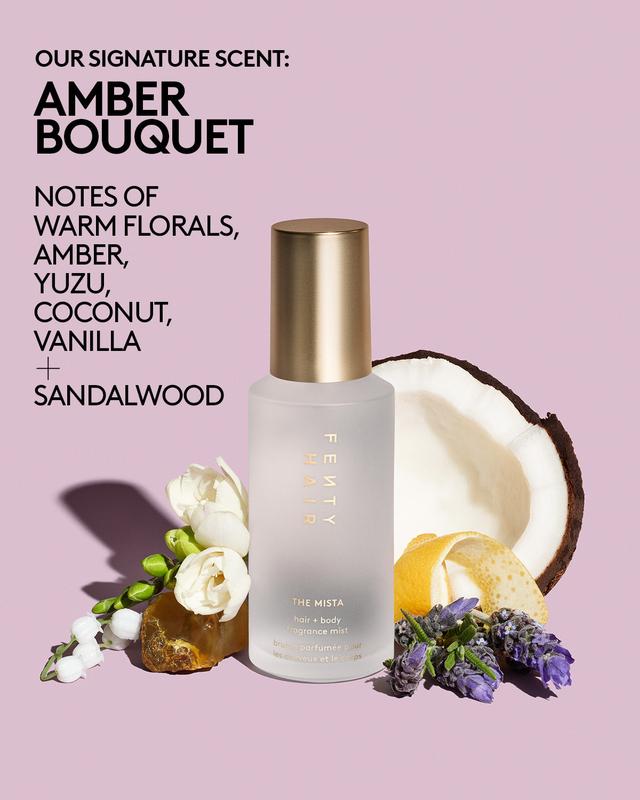 Fenty Hair The Mista Hair + Body Fragrance Mist — Amber Bouquet scent with notes of warm florals, amber, sparkling yuzu citrus, coconut, vanilla + sandalwood