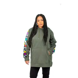 Olive Handmade Oversized Hoodie with Colorful Adire Sleeve Detail – Smooth Visage