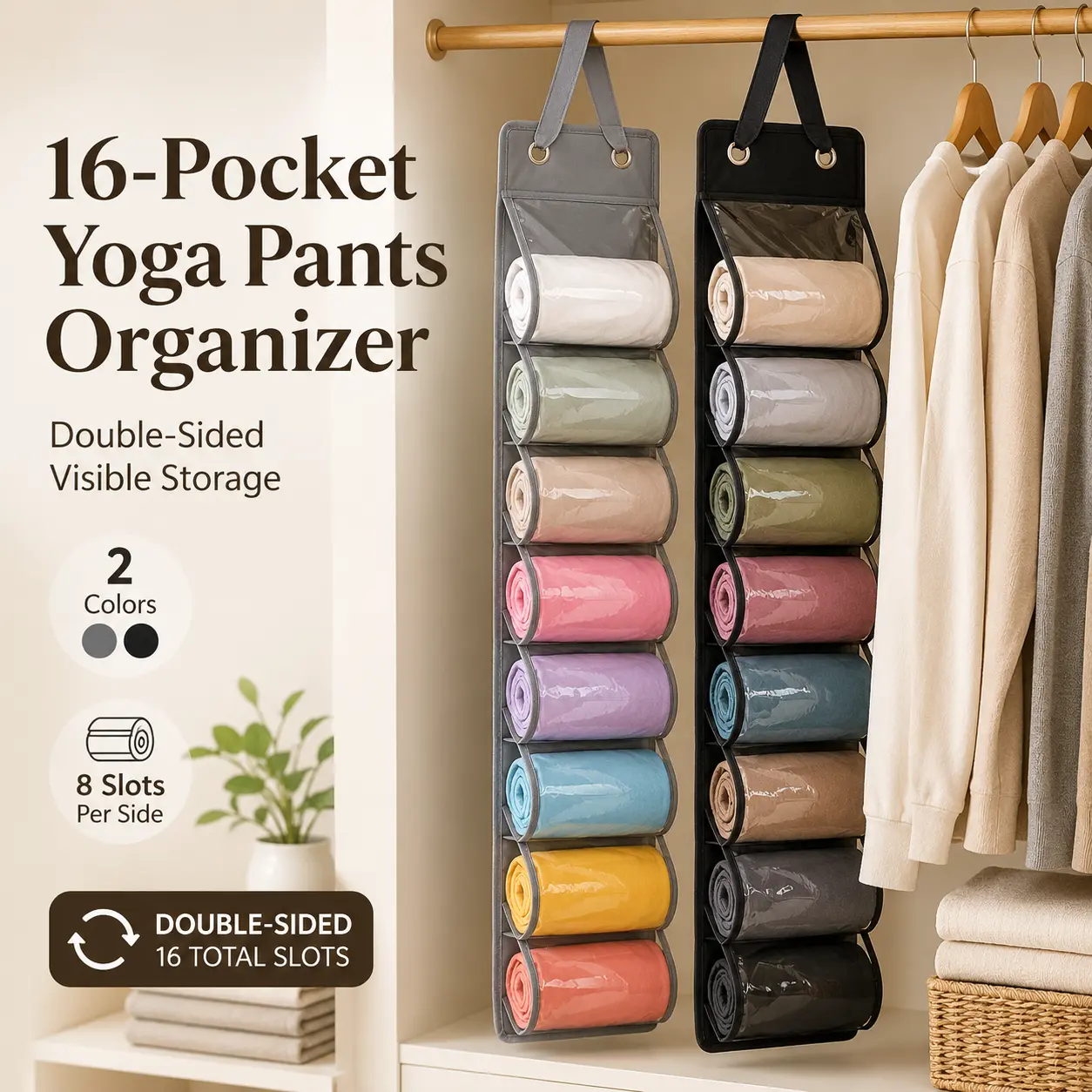 16-Pocket Hanging Closet Organizer for Yoga Pants and Leggings, Double-Sided Clothes Storage Bag with Clear Pockets, Space Saving Wardrobe Organizer for Shirts, Underwear and Accessories