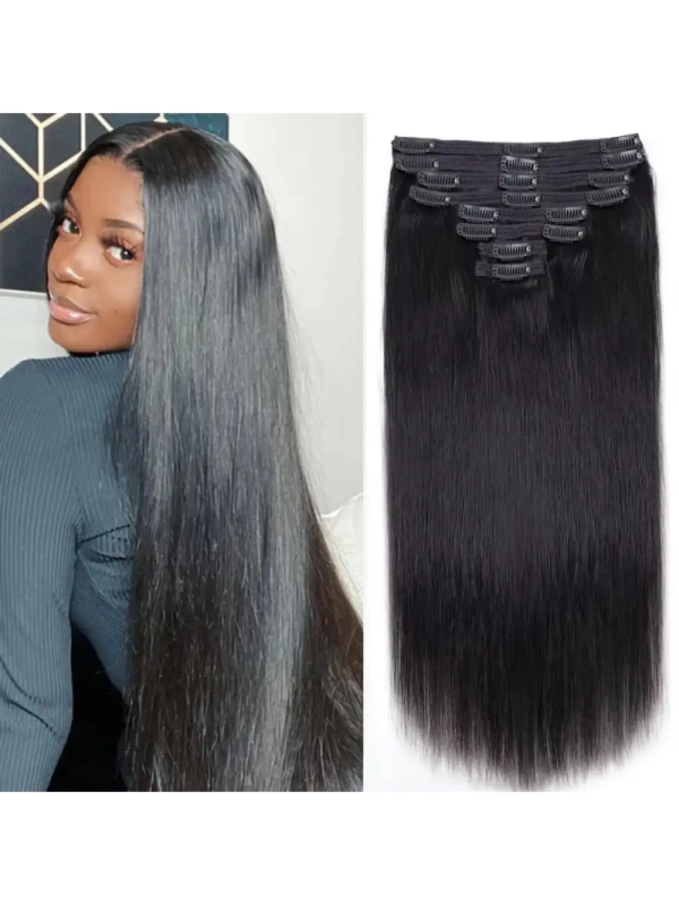 Natural Black Straight Clip in Hair Extensions - 100 