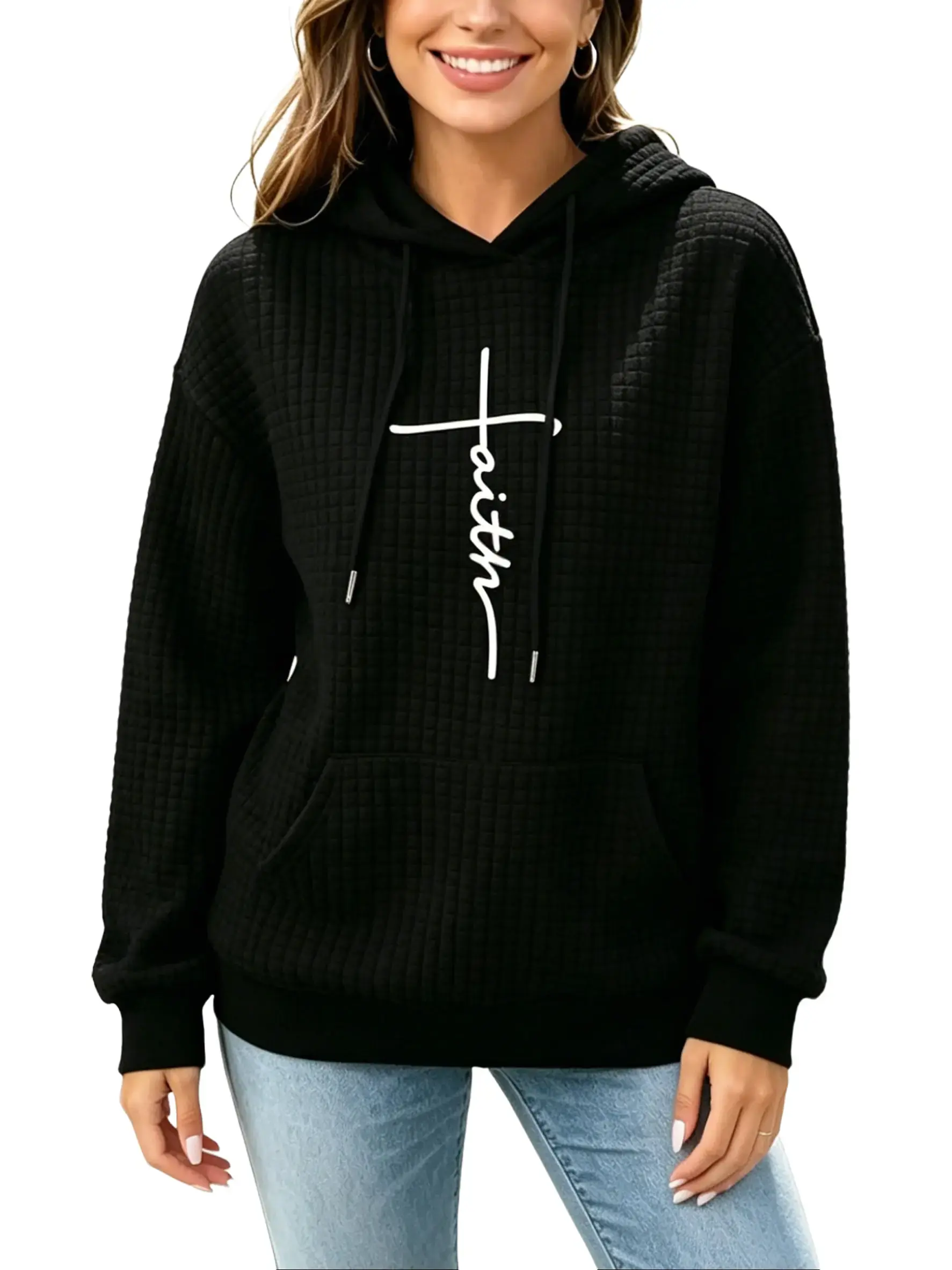 Women's Plus Size Baggy Hooded Knit Hoodie - Faith Cross Graphic, Waffle Knit Fabric, Black Script Print, Oversize Loose Pullover, Soft Elegant Casual Streetwear Piece, Knitting