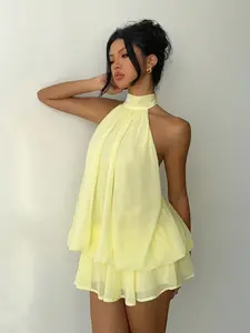 Summer Fashion Women's Backless Halter Sleeveless Waist-Cinch Top Dress, Stylish Short Dress for Ladies, Perfect for Warm Weather