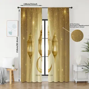 2pcs Ramadan Gold Star Light Curtain, Cozy Bedroom Living Room Half Shade Drapes, Atmosphere Decor, 2D Digital Print, Handmade Rod Pocket, Window Curtain