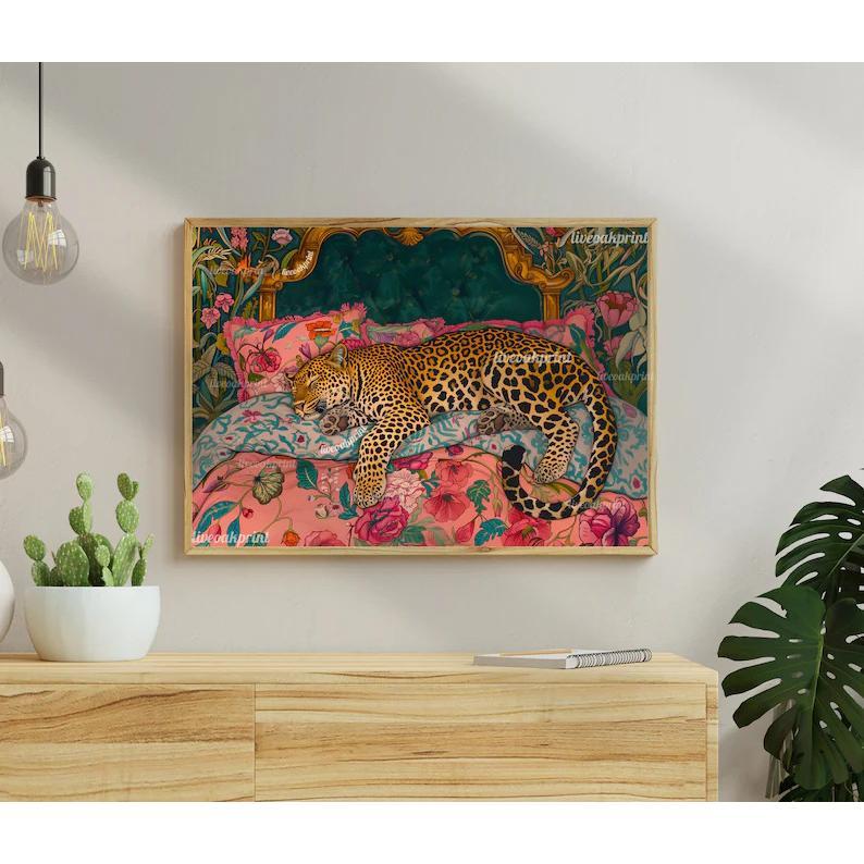 Sleepy Leopard in a Vintage Bed Print - Pink & Emerald Green Maximalist Wall Art - Jungle Bedroom Decor