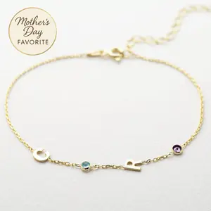 14K Solid Gold Birthstone Letter Bracelet