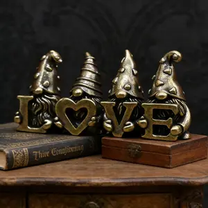 Vintage Brass Love Dwarf Statue Ornament, Elf Hat Letter Decor, Desktop Bookshelf Decoration, Nordic Style Creative Gift
