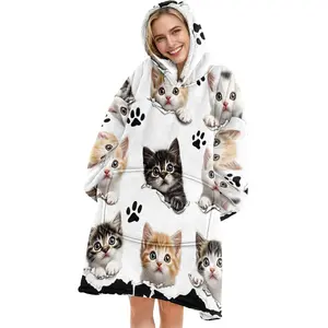 hoodie blanket，Wearable Blanket，Cute Cat Print Hooded Blanket, Wearable Plush Throw, Soft Warm Flannel, Cozy Hooded Blanket, Perfect for Sofa, Home, Office, Camping, Halloween Gift，Christmas Gift,Valentine's Day gift