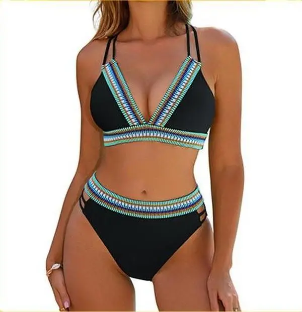 Blooming Jelly V Neck Crisscross Back Bathing Suit Womens High Waisted Color Block Two Piece Bikini Sets Swimming Beach #September Restock Campaign